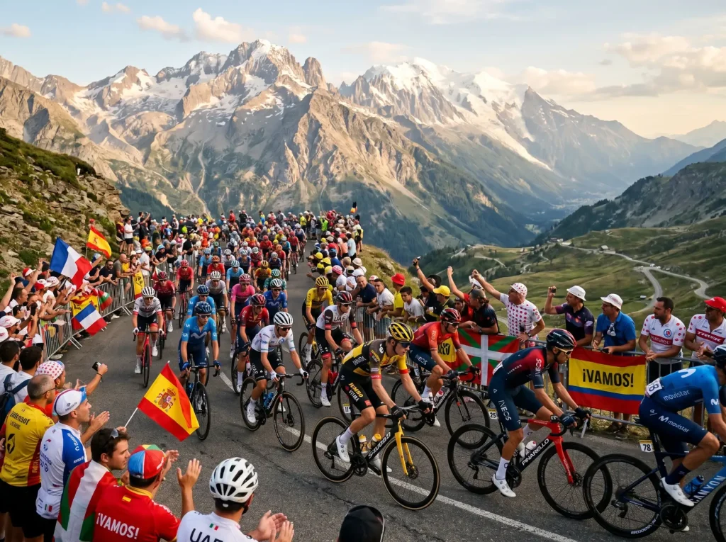 Pelotón del Tour de Francia ascendiendo un puerto de montaña con público animando en la carretera