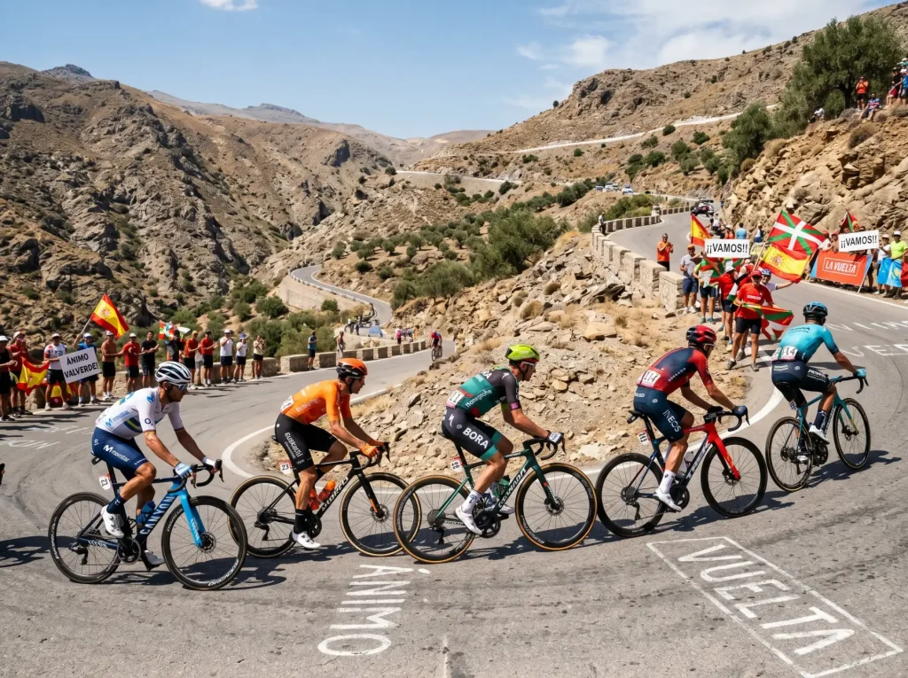 Ciclistas de la Vuelta a España subiendo un puerto empinado bajo el sol de septiembre
