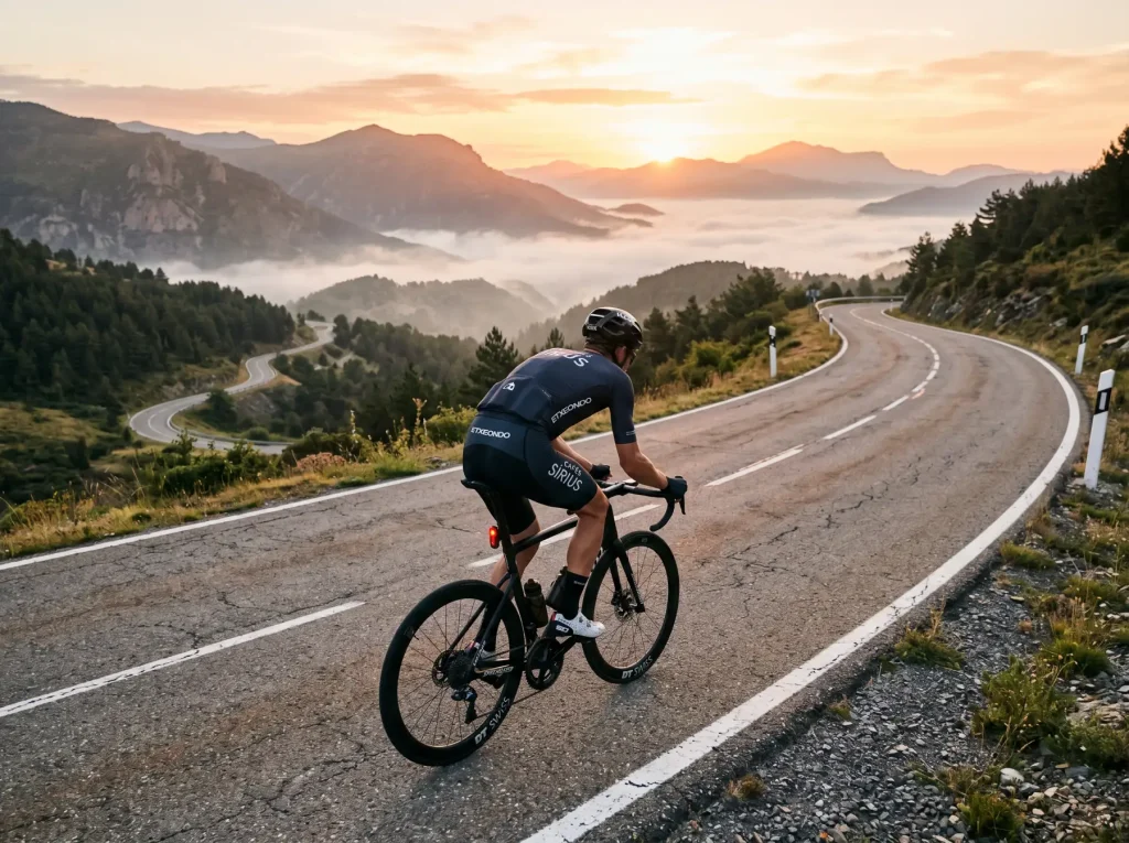 Ciclista profesional entrenando en solitario en una carretera de montaña al amanecer