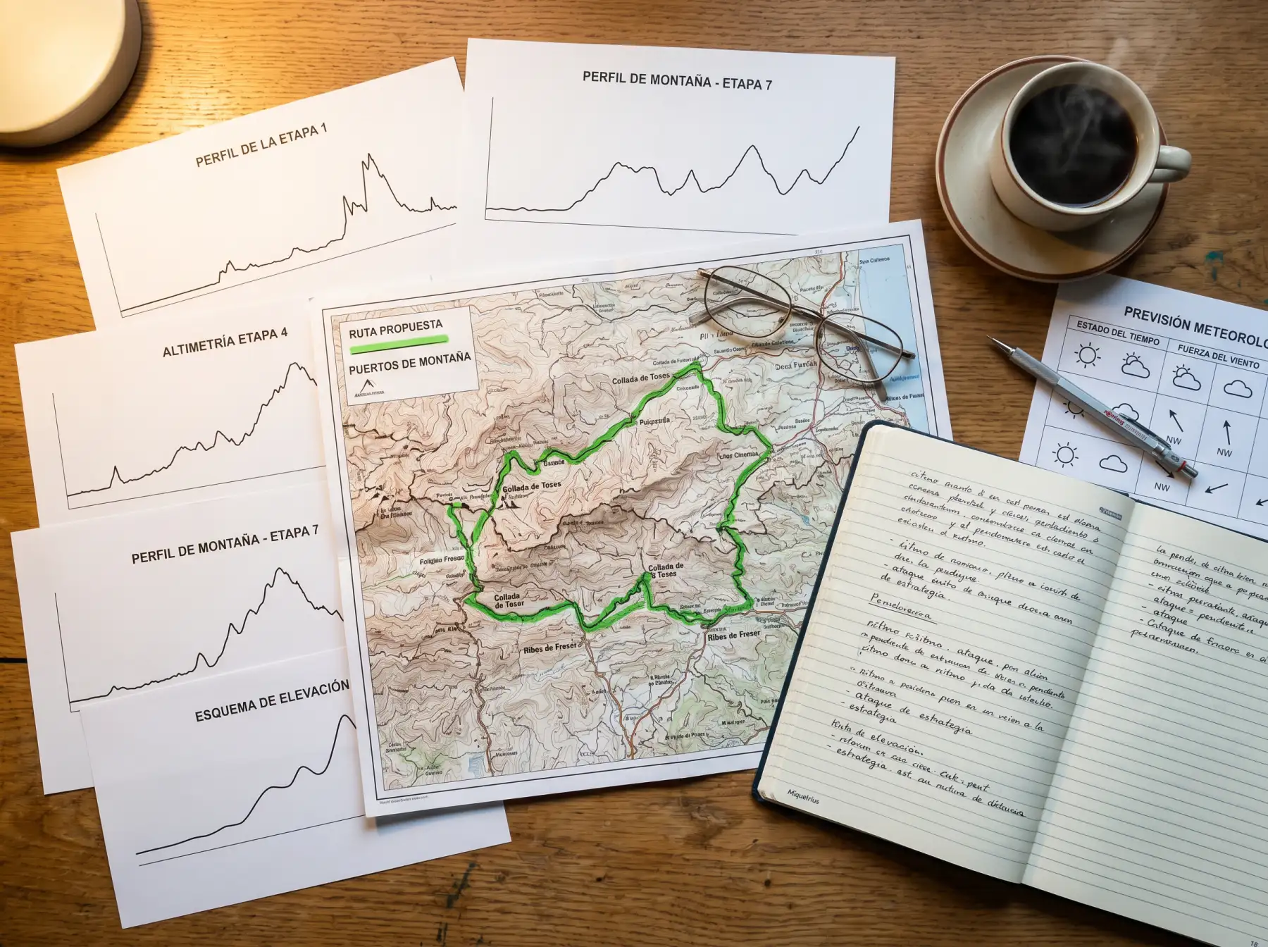 Analista ciclista revisando un perfil de etapa con mapas topográficos sobre una mesa de trabajo