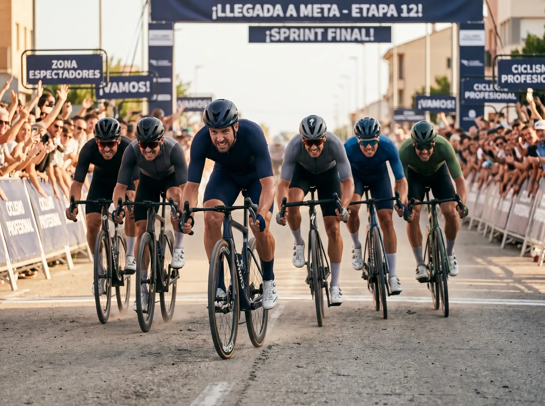 Corredores de un pelotón profesional compitiendo en un sprint masivo al final de una etapa llana